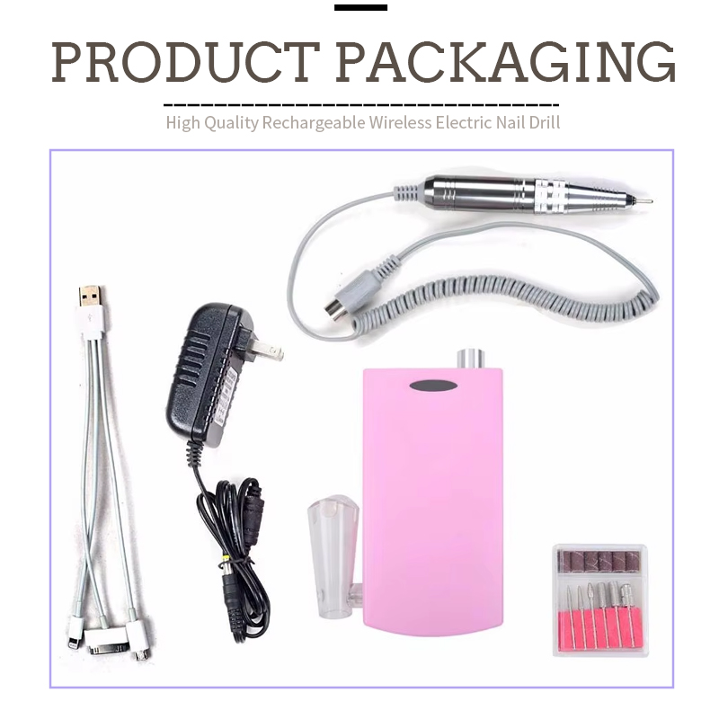 Complete nail drill kit packaging with handpiece, control box, power adapter, USB cable, and 6 bits in a storage case