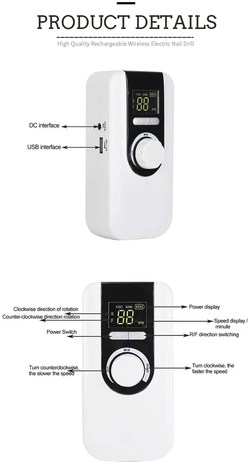 Product details showing LCD screen and control knob of the nail drill
