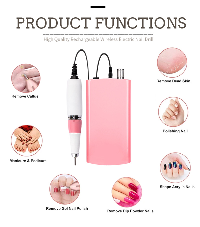 Quiet Brushless Nail Polisher functions including callus removal, manicure, polishing, and gel removal