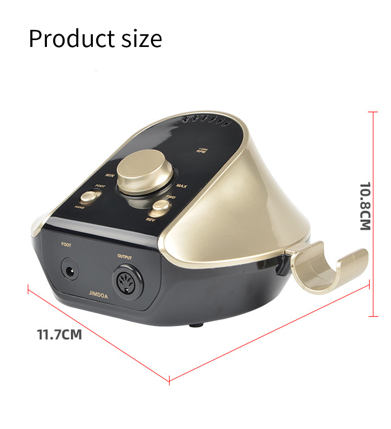 JIMDOA precision nail drill machine size dimensions: 11.7cm width, 10.8cm depth