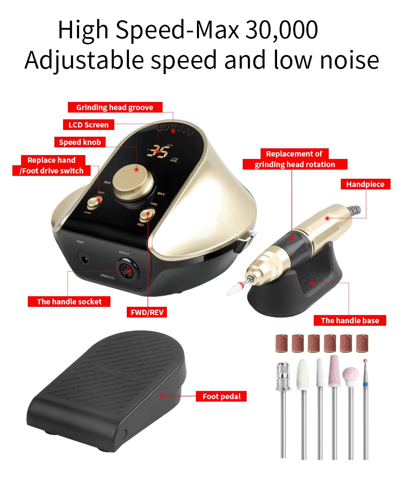 High speed 30,000 RPM desktop control box showing LCD screen, speed knob, FWD/REV switch, and handpiece base
