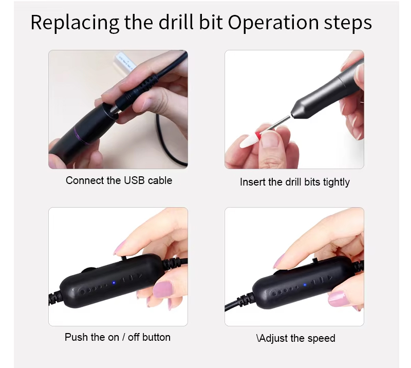 Operation steps: Connect USB, insert drill bit, push ON/OFF, adjust speed
